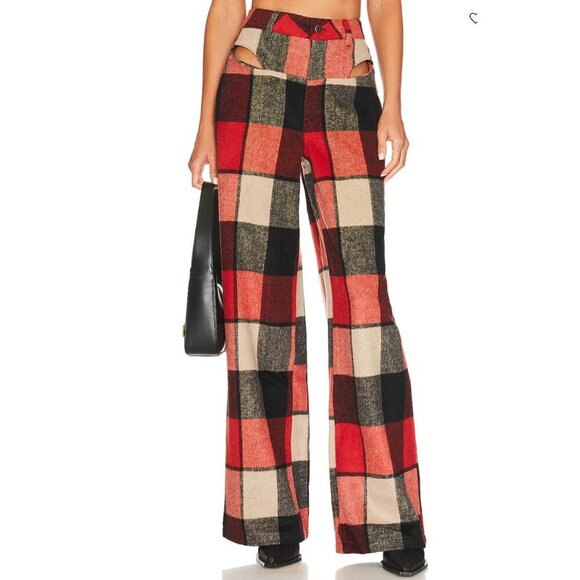 AFRM Willis Cutout Wide Leg Large Plaid Black Red Pants 30 - Picture 3 of 4